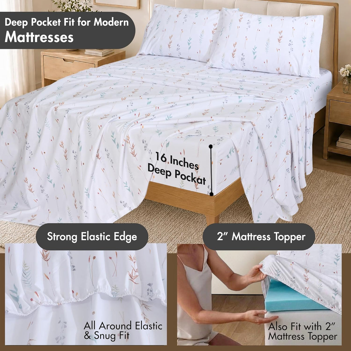 ZOYER 100% Cotton Queen Sheets, Percale Weave, Fairy Meadows