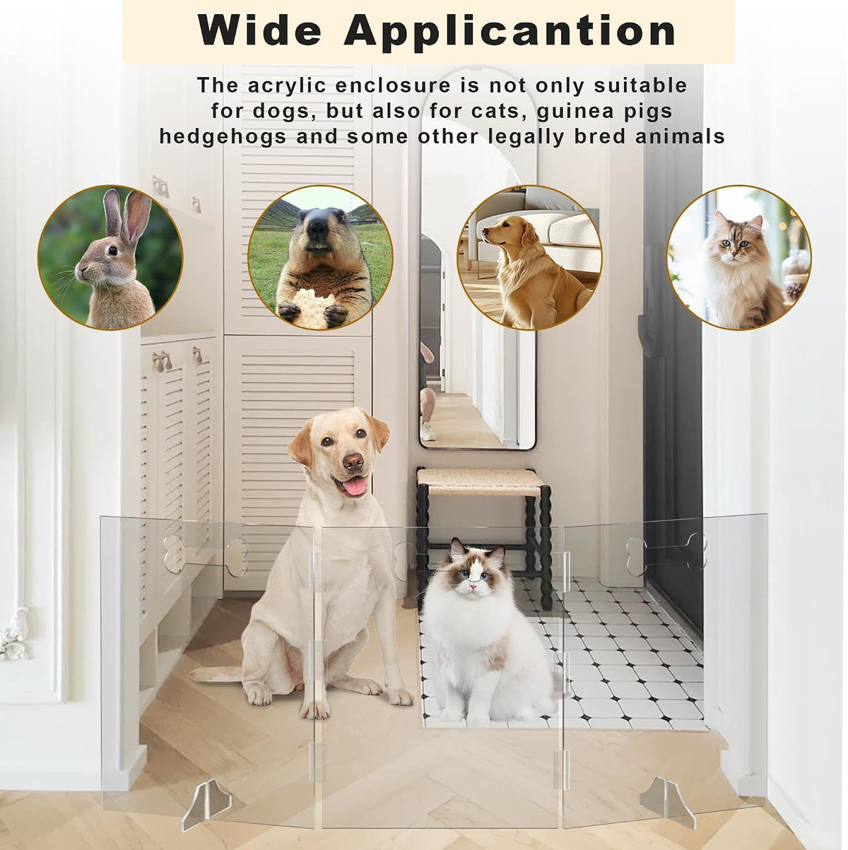 Clear Acrylic Dog Gate, 4 Panel 96" W x 31.5" H, Transparent Freestanding Pet Playpen Indoor, Foldable Pet Fence Barrier for Doorway with Handle/Support Feet