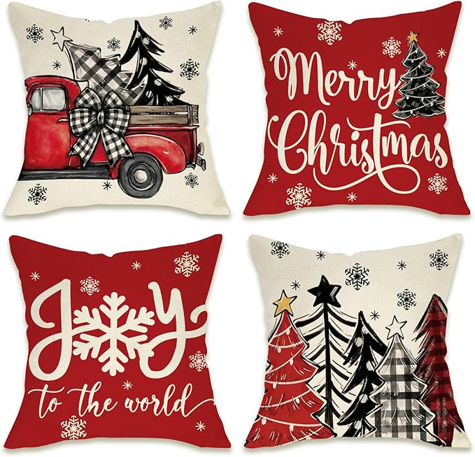 Fahrendom Merry Christmas Decorative Throw Pillow Covers 18 x 18 Set of 4 by Fahrendom