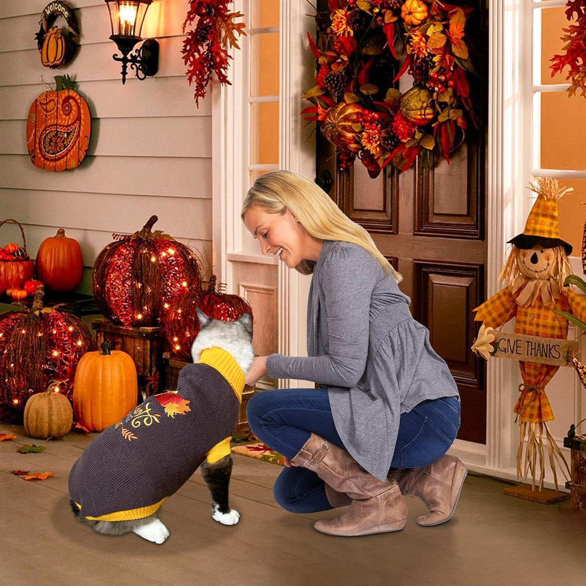2Pcs Dog Thanksgiving Sweaters Pet Pumpkin Turkey Sweater Thanksgiving Cat Turtleneck Knitwear Shirt Clothes Dog Puppy Turkey Costume Clothes for Small Medium Dogs Cats XL