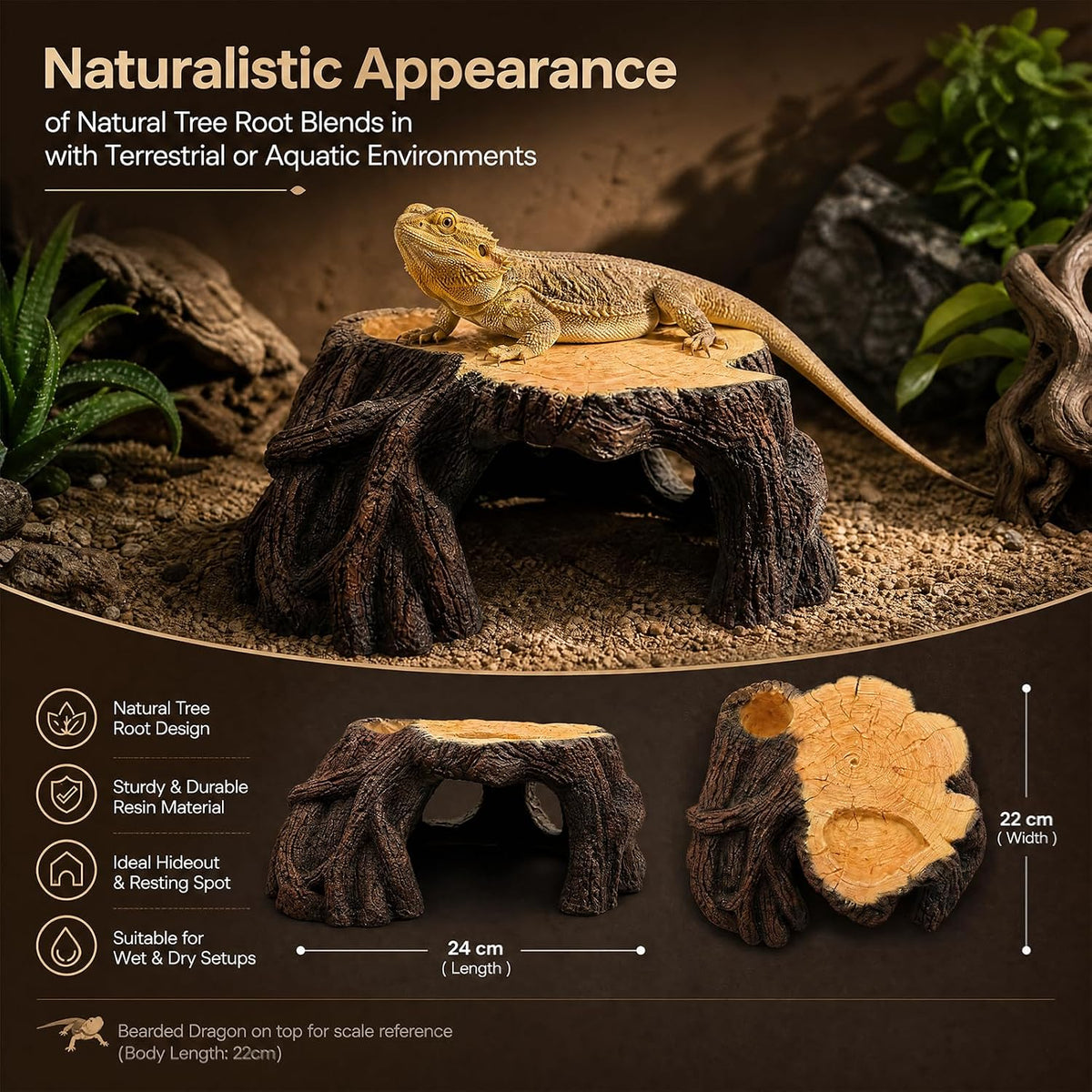 Reptile Hide, 9.4"x8.6" Basking Platform with Ramp, Tree Root Design