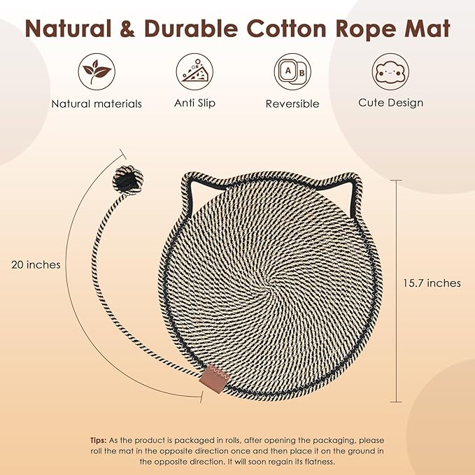 Cat Scratcher Mat, Natural Cotton Rope Cat Scratch Pad, 15.7'' Round Horizontal - Image 2