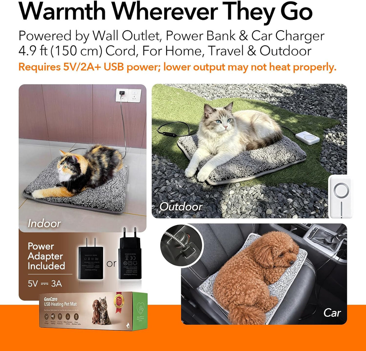 5V USB Pet Heating Pad Ultra-Soft, Adapter, Dual-Sensor Safety