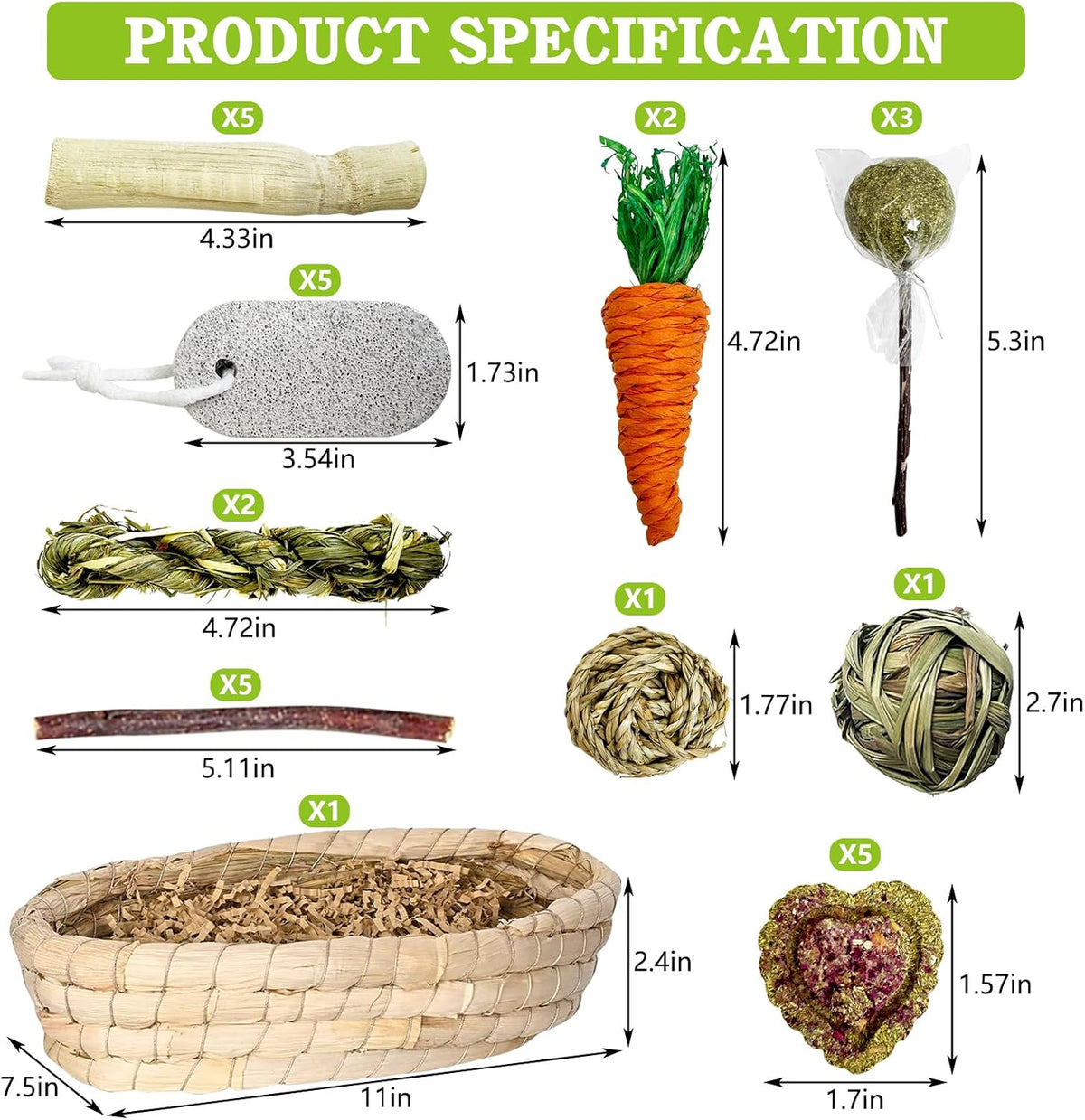 PINVNBY 30PCS Rabbit Chew Toys Set for Teeth Health Natural Bunny Enrichment for Bunnies Boredom Guinea Pig Treats Straw Basket Bunny Bed for Chinchilla Hamster Rat Gerbil