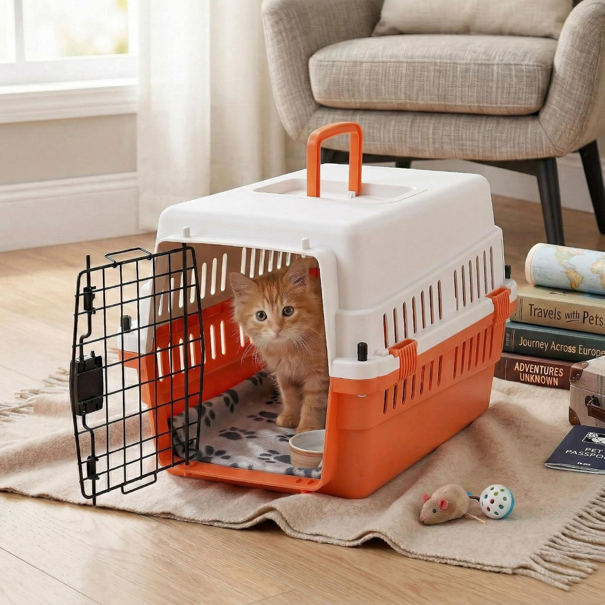 Hard-Sided Pet Carrier for Cats and Small Dogs, 20" Sturdy Travel Kennel with Secure Wire Door & 360° Ventilation, Portable Plastic Crate for Vet Visits & Car Travel (White/Orange)