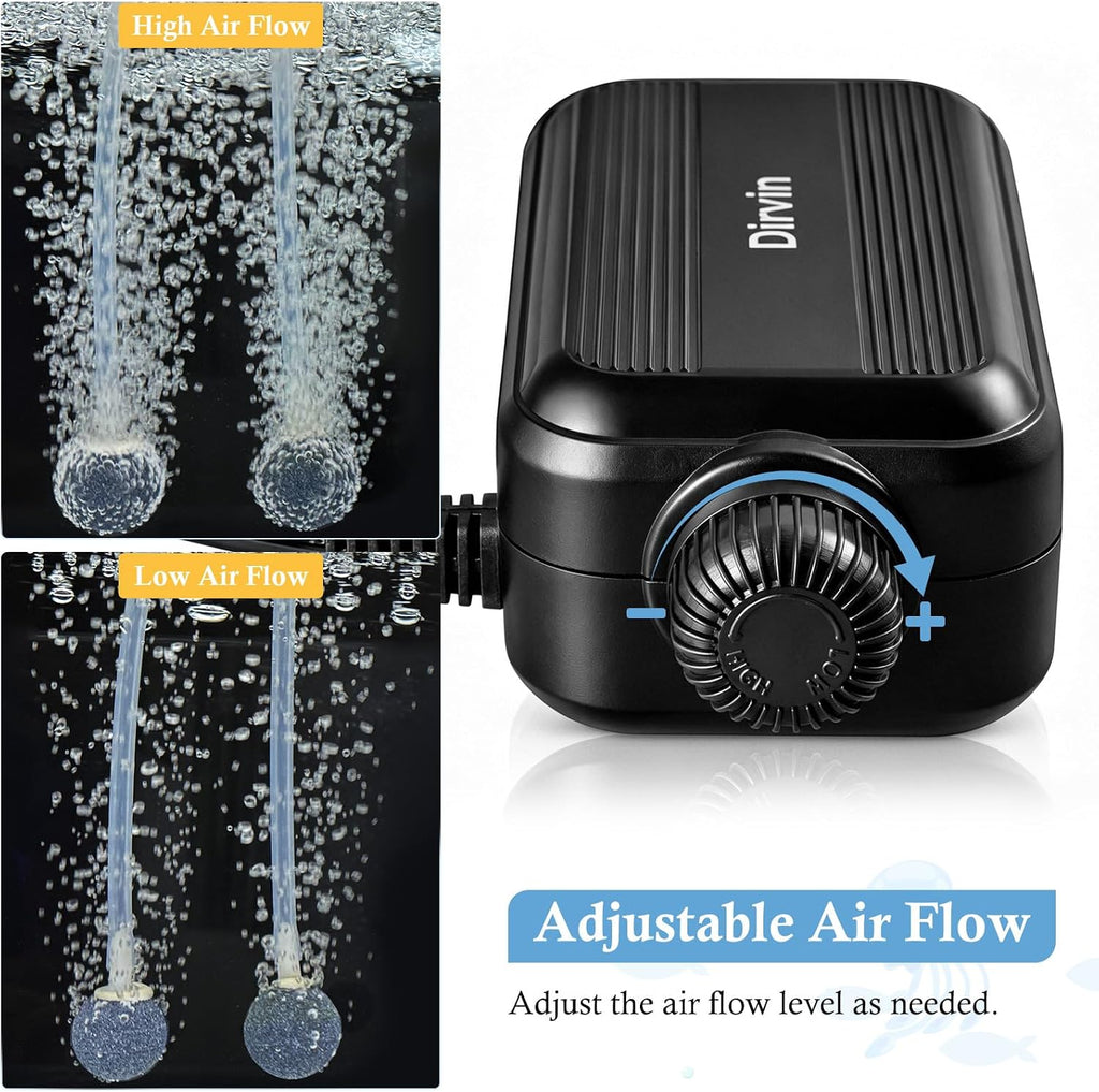 Dirvin Aquarium Air Pump, Ultra Quiet Adjustable Fish Tank Bubbler 3.5W