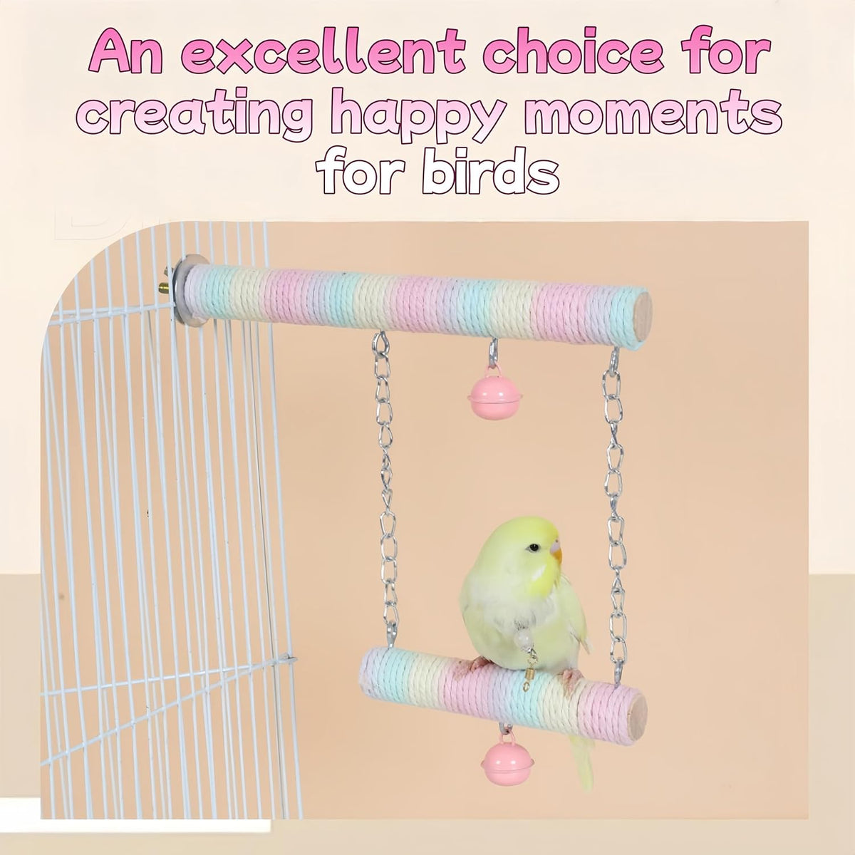 Parrot Swing A Standing Pole, Colorful Cotton Rope Wooden Swing with Metal Chain and Clasp（1Pcs）