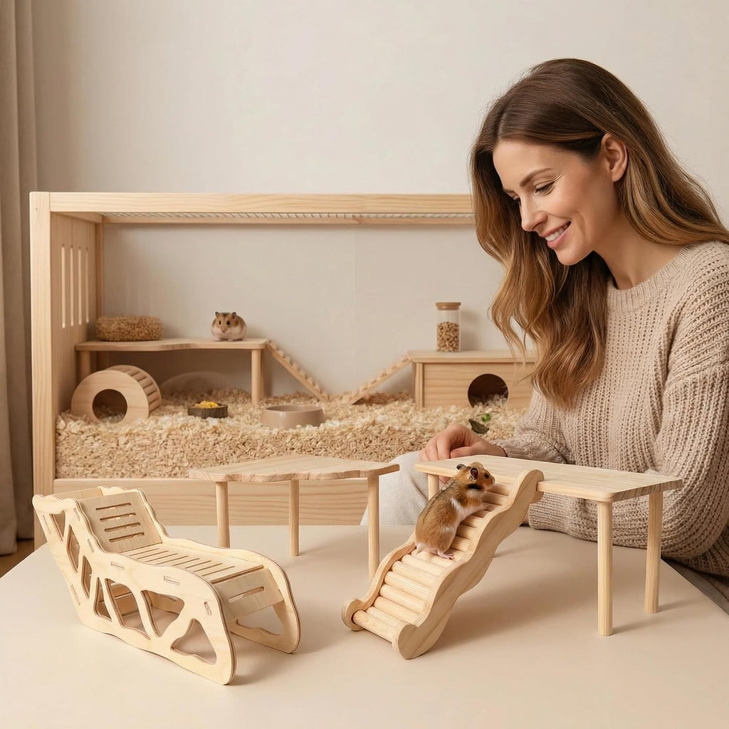 4 Pcs Hamster Platform Wooden Tunnel Ladder Hidden Play House Hamster Game Climbing Toy with Platform, Decor Toy cage Accessories for Dwarf Syrian Mice Degus Gerbils Squirrel and Other Small Pets