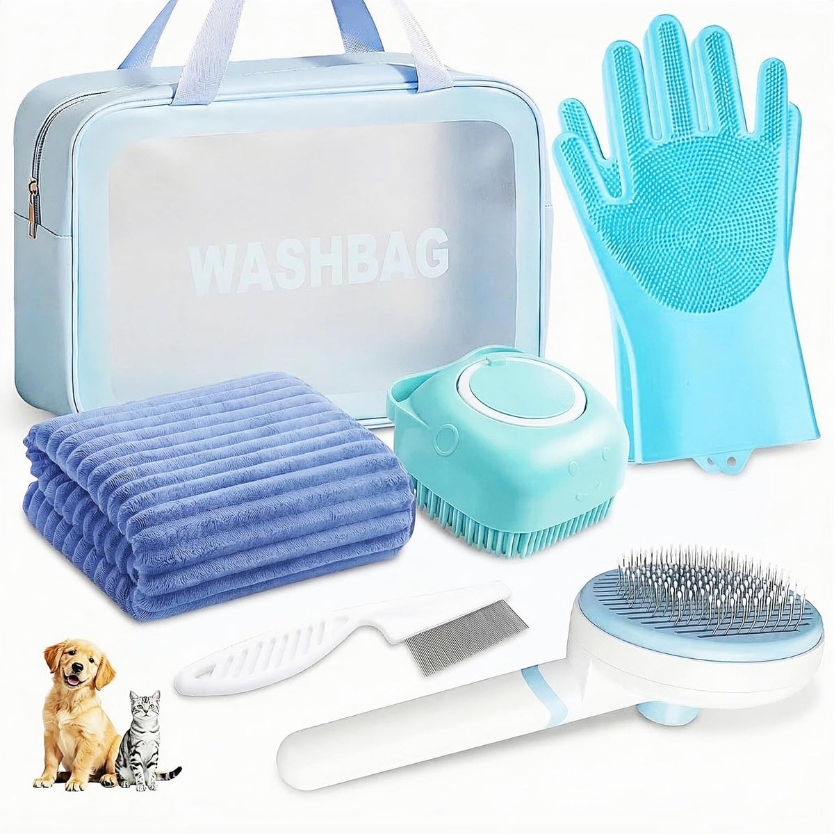 4PCS Dog Bath Kit & Dog Brush Kit for Dogs & Cats - Professional Pet Grooming Tools Set with Shedding Brush, Bath Scrubber, Dematting Comb & Storage Bag - Complete Dog Washing Essentials, Pink