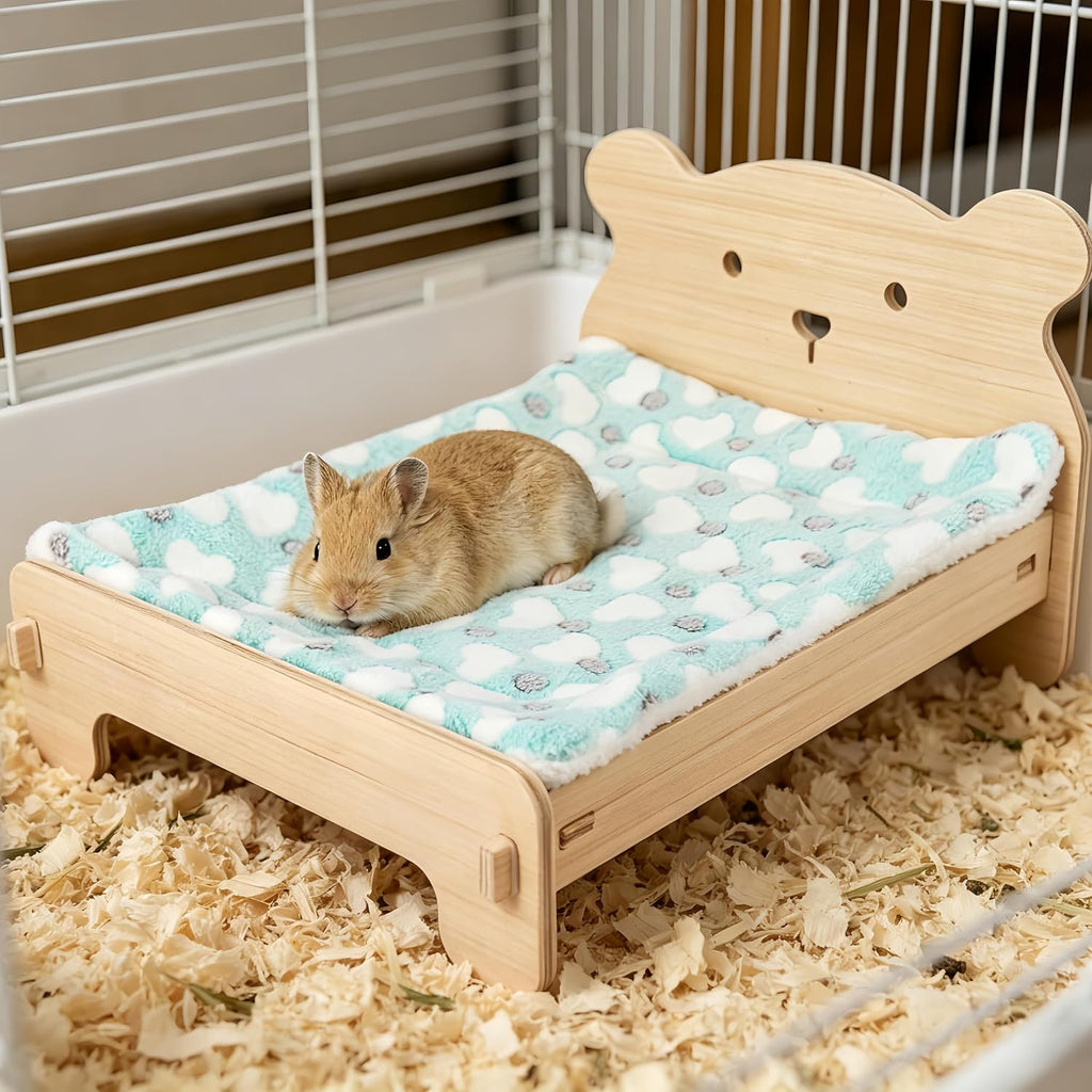 Wooden Bunny Bed with Soft Mat, Cute Pet Bed for Rabbits, Cats, Guinea Pigs Puppy Hamster Small Animal Sleeping, Cozy Warm 19.5"x 15.5" Suitable for Pets Under 20 lbs