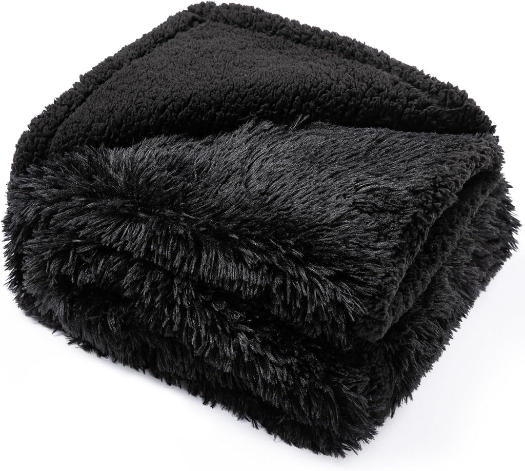 Pet Blankets Waterproof Fluffy Fleece Blanket Cat Dog Blankets Liquid Pee Proof Throw Blanket Reversible Furniture Protector Cover Washable for Couches Beds Sofa 65"x57" Black