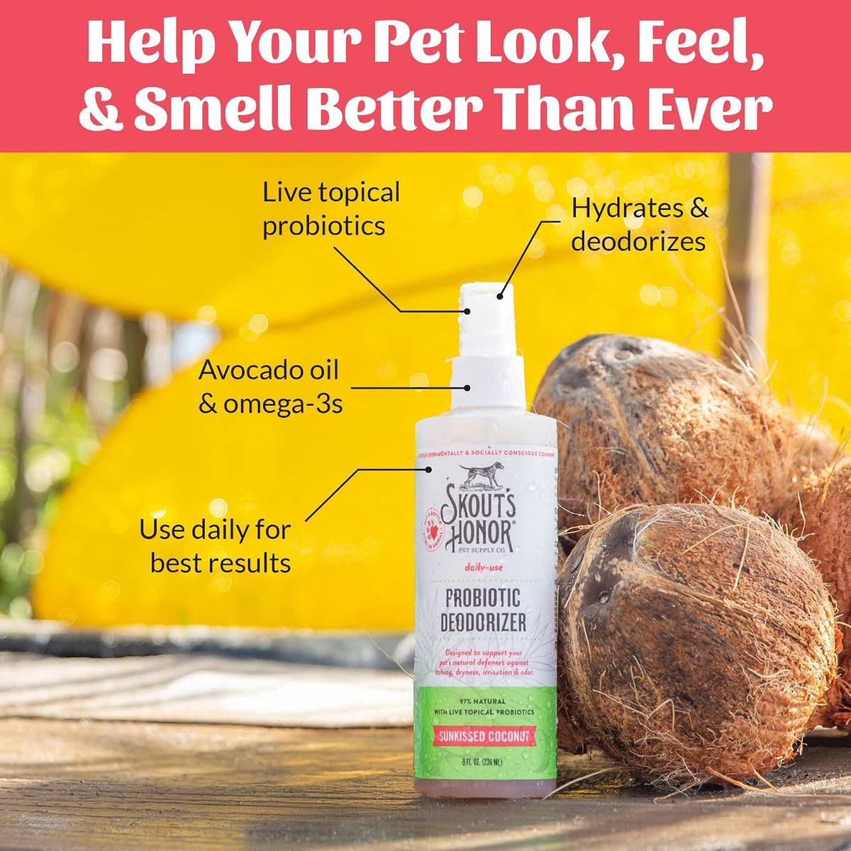SKOUT'S HONOR Probiotic Dog Deodorizing Spray - Sunkissed Coconut, 8 oz