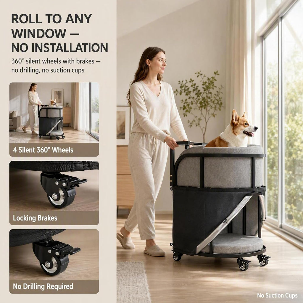 Dog Window Perch with Stairs – 6-in-1 Velvet Pet Sofa with Ramp, Detachable Feeding Tray, Privacy Blackout Curtain, 360° Locking Wheels & Memory Foam Cushion for Small Dogs and Cats.