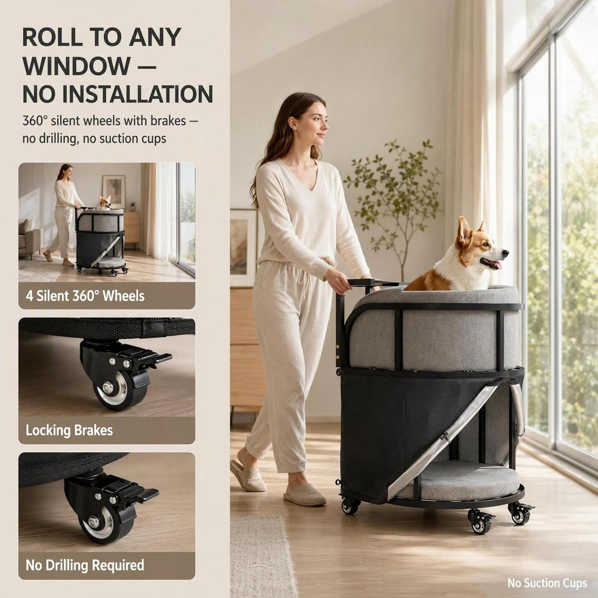 Dog Window Perch with Stairs – 6-in-1 Velvet Pet Sofa with Ramp, Detachable Feeding Tray, Privacy Blackout Curtain, 360° Locking Wheels & Memory Foam Cushion for Small Dogs and Cats.