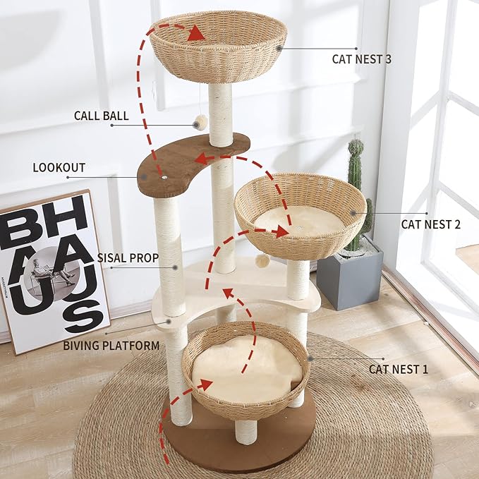 52" Modern Cat Tree Tower for Large Cats, 3Cat Nests Manual Hand Woven - Image 3