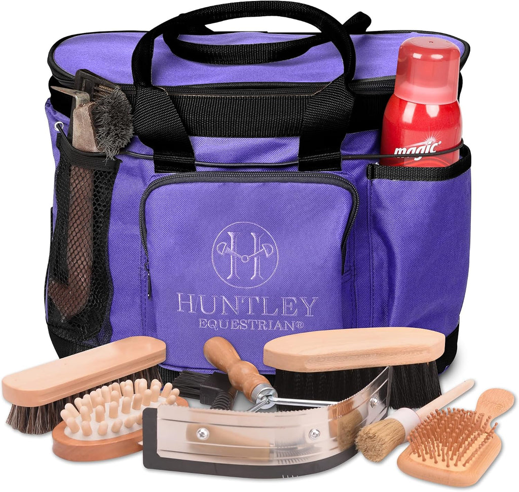 Huntley Equestrian Deluxe Grooming Bag Perfectly Designed Easy Access Multi Pocket Zipper Top Closure Double Handles Shoulder Strap Exterior Pockets - Purple