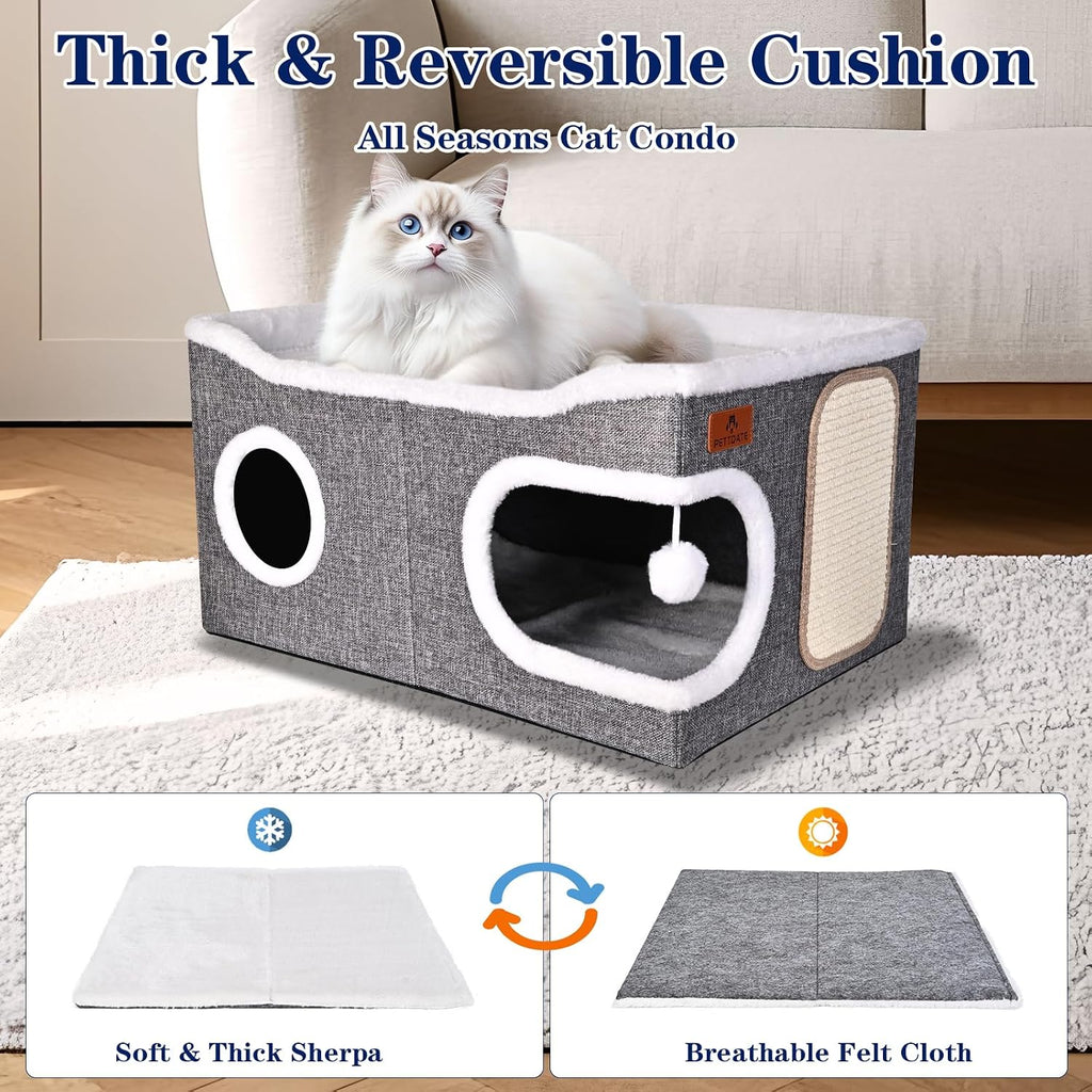 Extra Large Cat Beds for Indoor Cats, Covered Cat Cave Beds & Furniture with Scratch Pad and Fluffy Ball, Foldable Cat Condo Hideaway with Reversible Cushion for Multi Small Pet Large Kittens, Grey