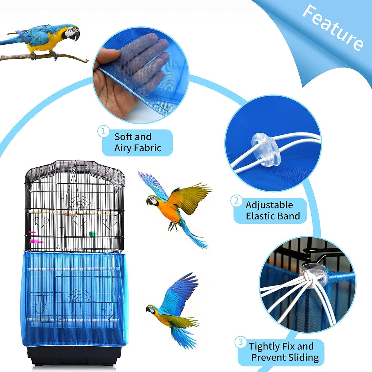 Daoeny Universal Bird Cage Cover, Adjustable Seed Feather Catcher, Soft Airy Nylon Mesh Parrot Net, Birdcage Cover Skirt Sheer Guard for Round Square Cages (Blue)