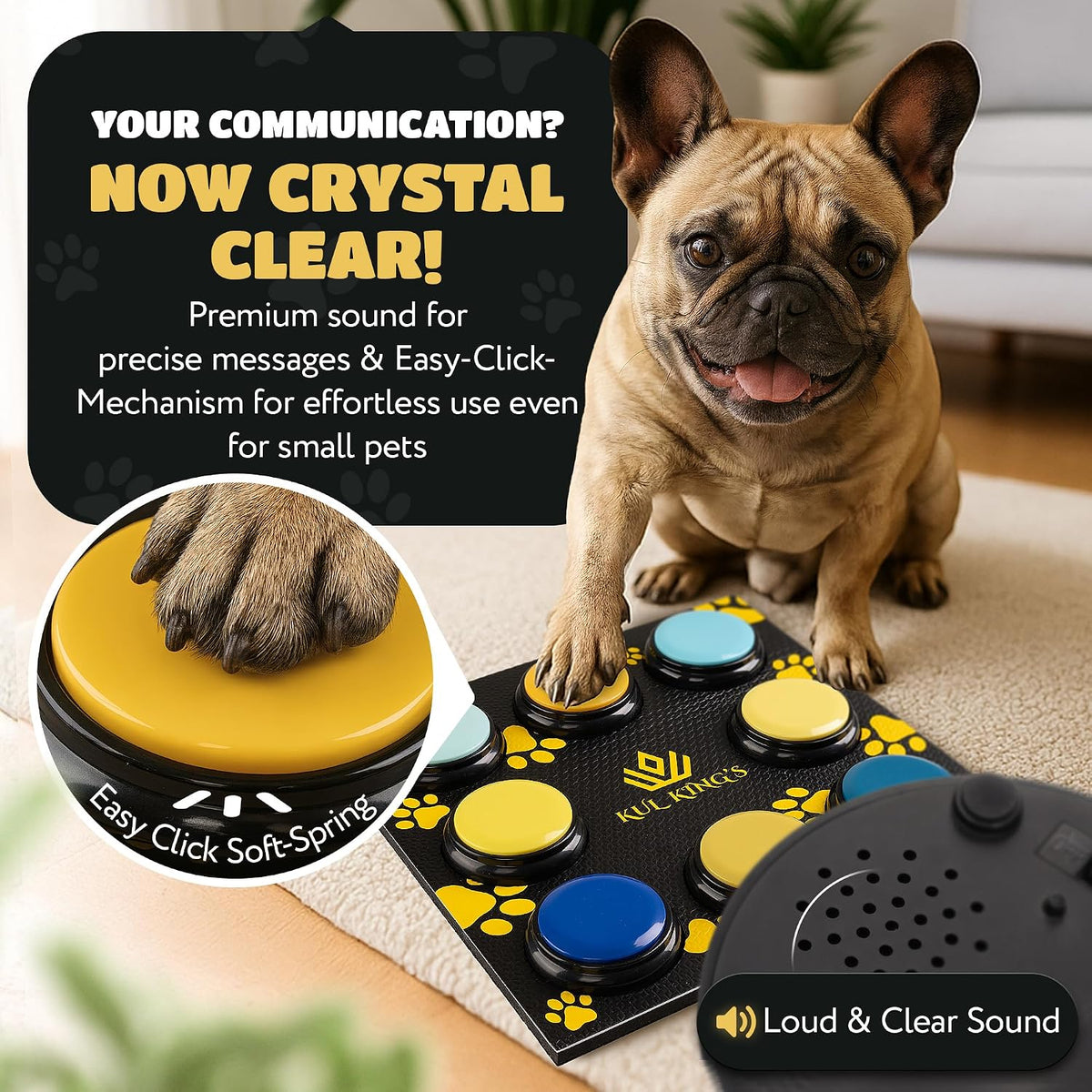 KUL KING'S Waterproof & Non-Slip Dog Talking Buttons - 8 Recordable Buttons with Special Training Mat & Guide, Batteries, Stickers - Talking Dog Buttons for Communication