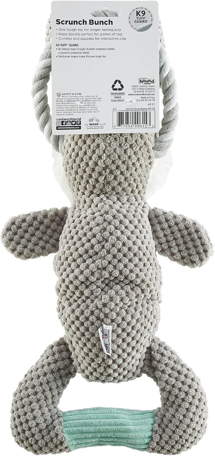 Outward Hound Scrunch Bunch Dog Tug Toy, Bunny, Plush & Squeaky, 16.7"