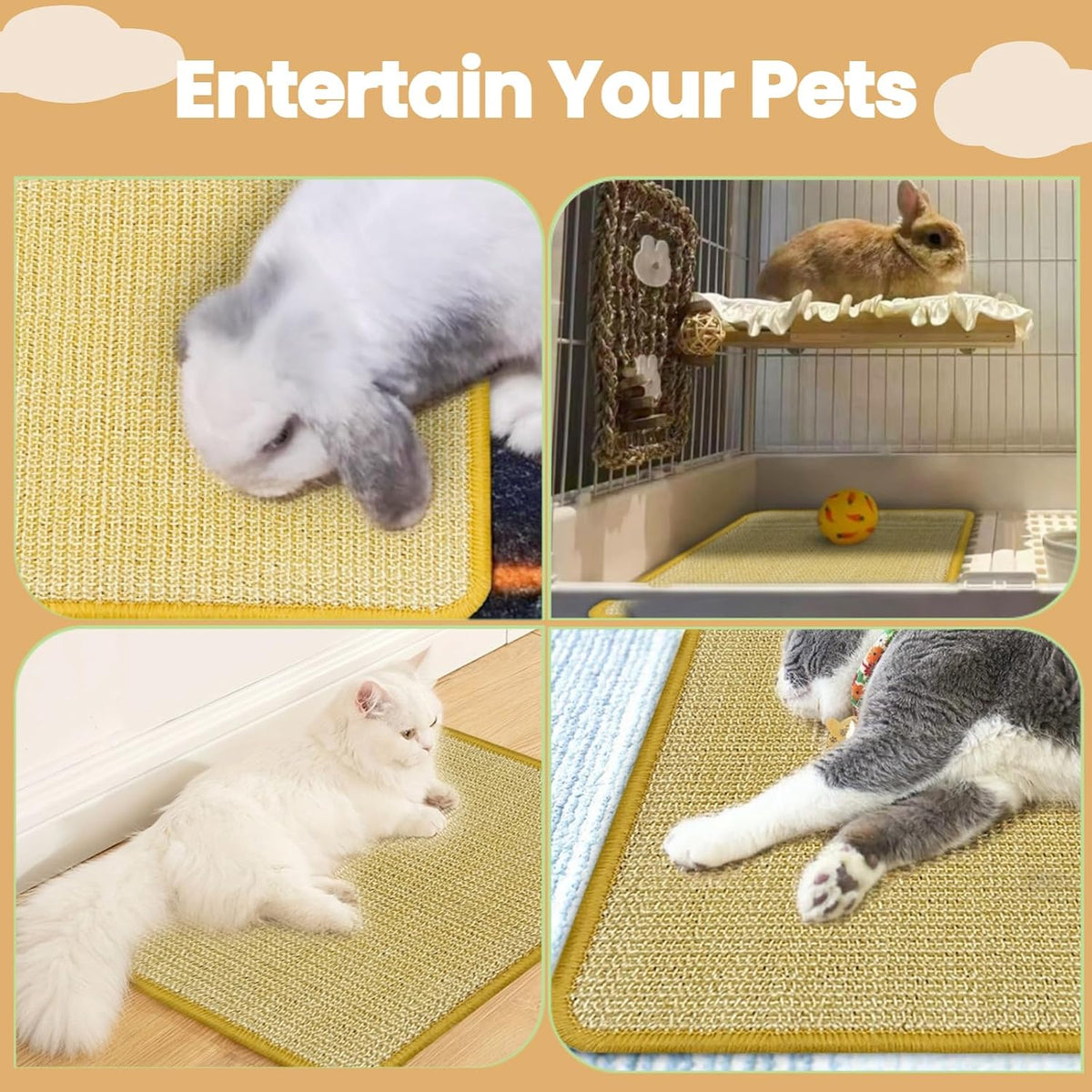 DYAUS Rabbit Scratching Pad, Sisal Bunny Scratch Pad, Natural Rabbit Foraging Mats for Cages, Indoor Bunny Toys Accessories for Bedding Biting Sleeping Resting (2PCS, 16x12in)