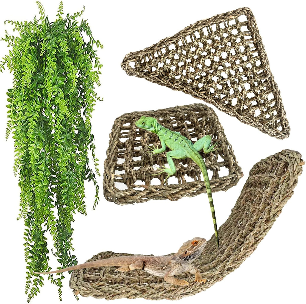 Seagrass Hammock for Bearded Dragon,4PCS Lizard Lounger,Natural Seagrass Gecko Hammocks with Hanging Plants Climbing Jungle Vines Flexible Leaves Habitat Decoration for Lizard Geckos Snakes