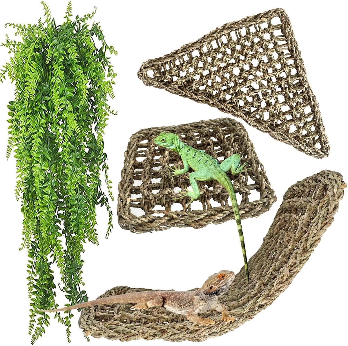 Seagrass Hammock for Bearded Dragon,4PCS Lizard Lounger,Natural Seagrass Gecko Hammocks with Hanging Plants Climbing Jungle Vines Flexible Leaves Habitat Decoration for Lizard Geckos Snakes