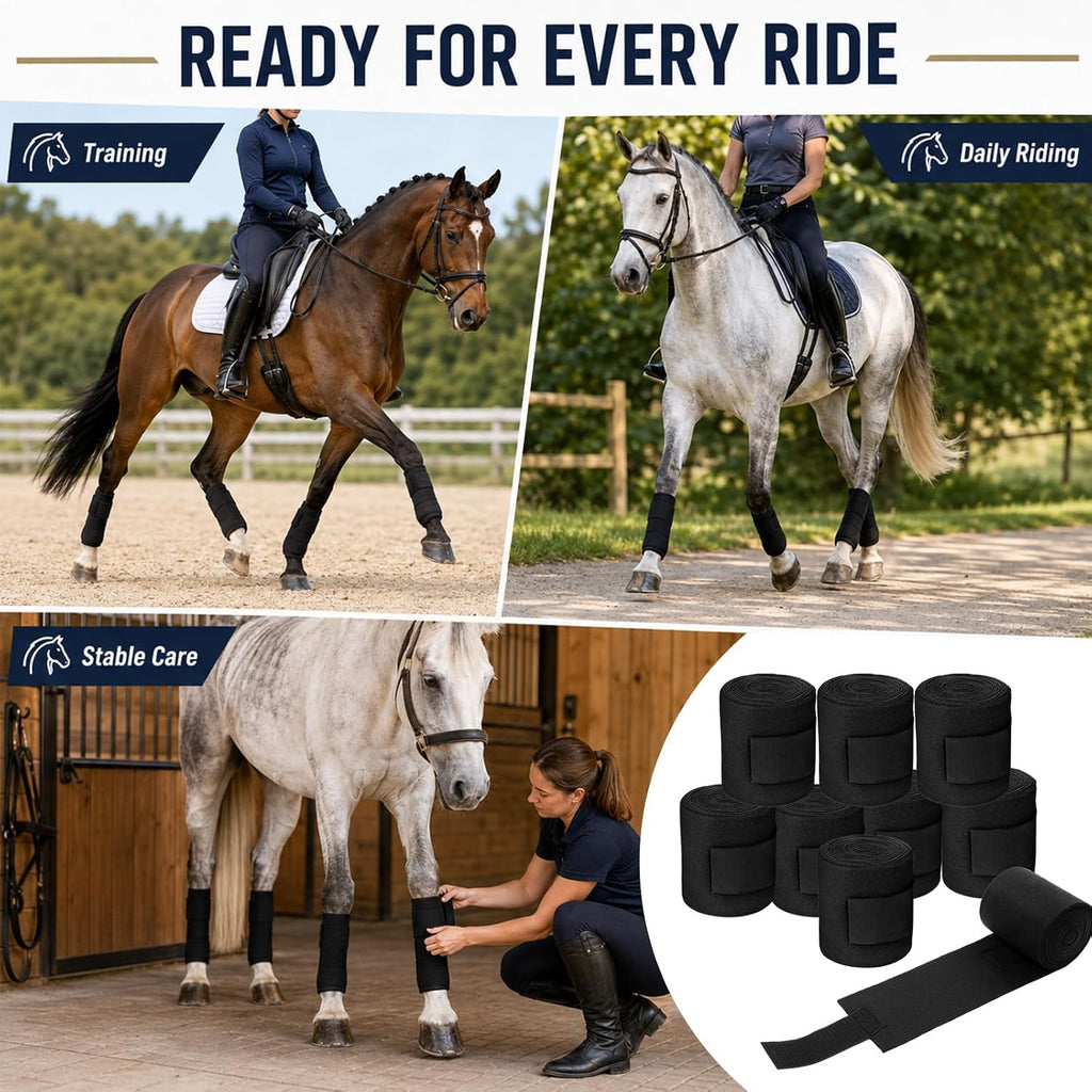 Eccliy 8 Pack Horse Polo Wraps 10 ft x 4.7 in Soft Fleece Leg Wraps, Black