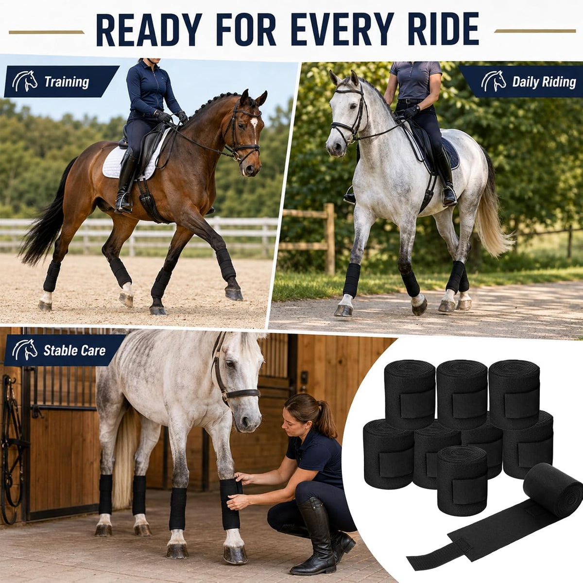 Eccliy 8 Pack Horse Polo Wraps 10 ft x 4.7 in Soft Fleece Leg Wraps, Black