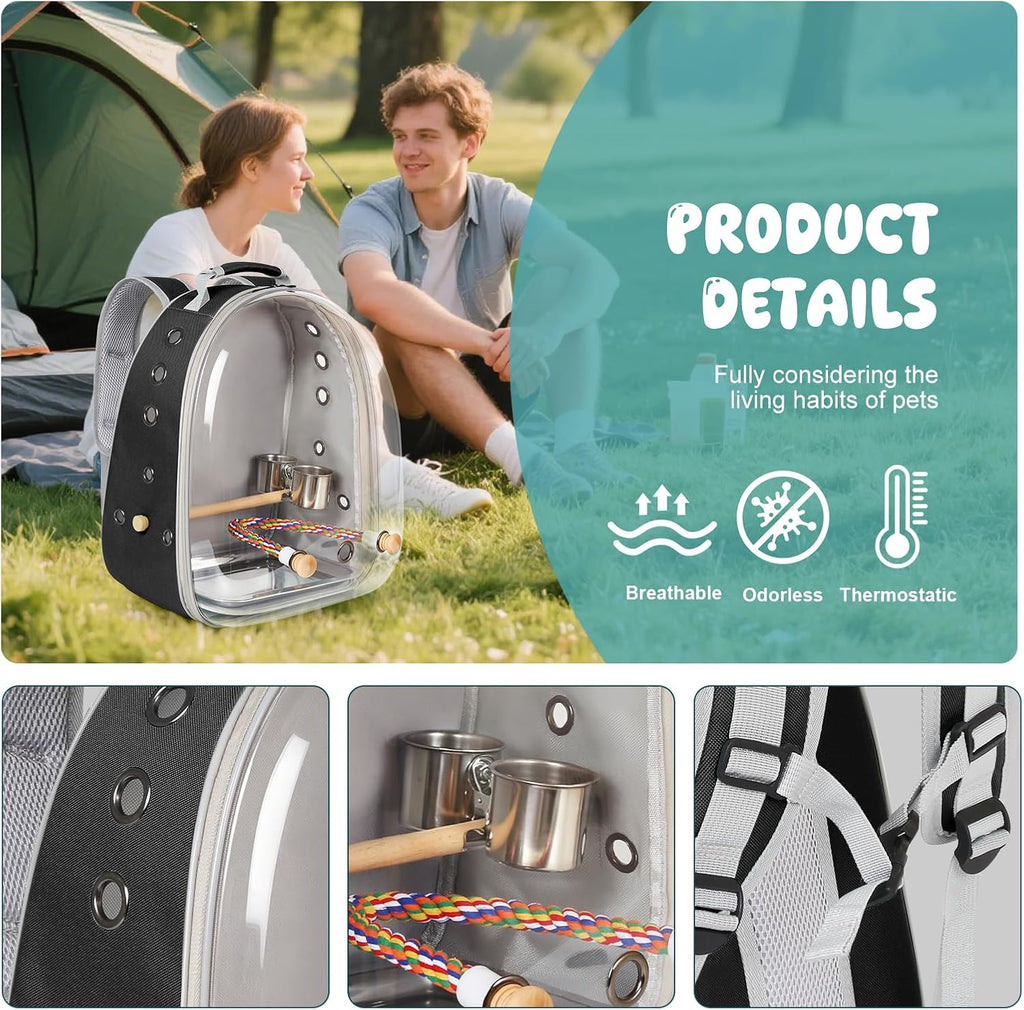 Bird Traval Carrier Cage, Multi Vent Holes Clear Space Capsule Astronaut Backpack to Carry Parakeet Cockatiel Parrot with Metal Tray Wood Perch, Vet Transport Bag