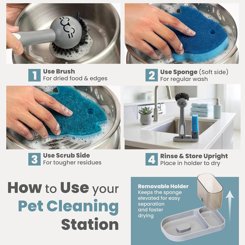 Pet Bowl Cleaner Set with Cat Bowl Brush, Cat Sponge, Holder & Drain Tray