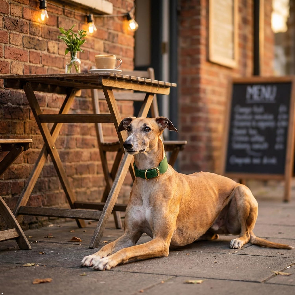 Handmade Greyhound Leather Collar Wide Full Grain Leather Dog Collar with Brass Buckle, Vintage Anti-Pull Whippet & Sighthound Collar for Hounds (Green,L-Neck 35-43cm)