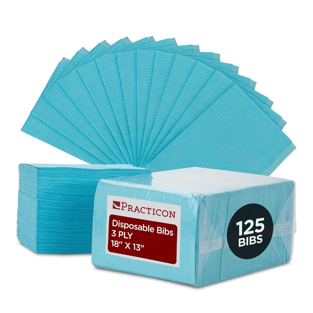 Practicon 125 Pack White Disposable Patient Bibs, 18" x 13", 3 Ply Waterproof Paper Bib Sheet with Poly Back, Dental, Medical, Tattoo, Nail Tray or Table Cover, 125 Pack