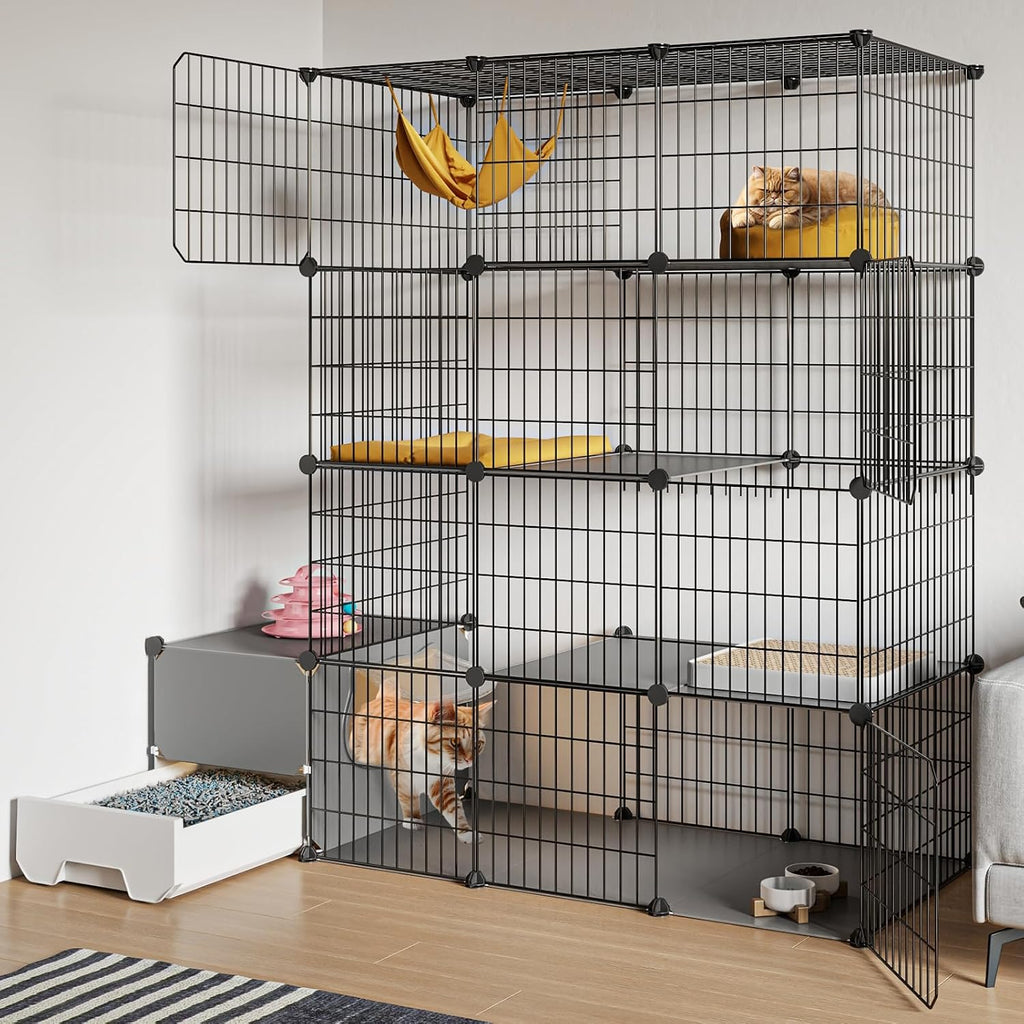 Oneluck Cat Cage with Litter Box,4-Tier DIY Enclosures Large Playpen Detachable Metal Wire Kennel Indoor Crate Large Exercise Place Ideal for 1-2 Cats (41.3" L x 17.8" W x 55.1" H)