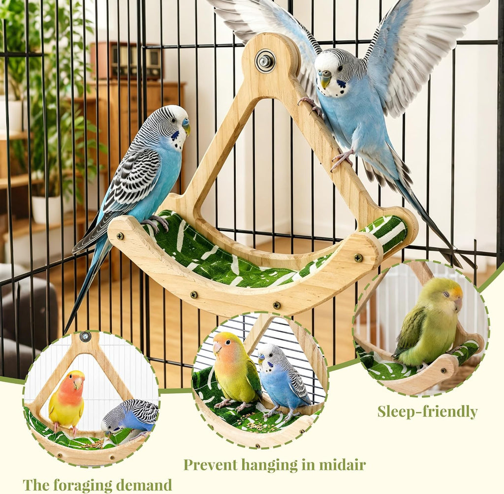 FlidRunest Upgrade Bird Perch Toy with Hammock, Interactive Rocking Parakeet Foraging Toys Green Fabric Mat Hammock, Wooden Exercise Wheel Birds Enrichment Toy Cage Accessories for Budgies Conure