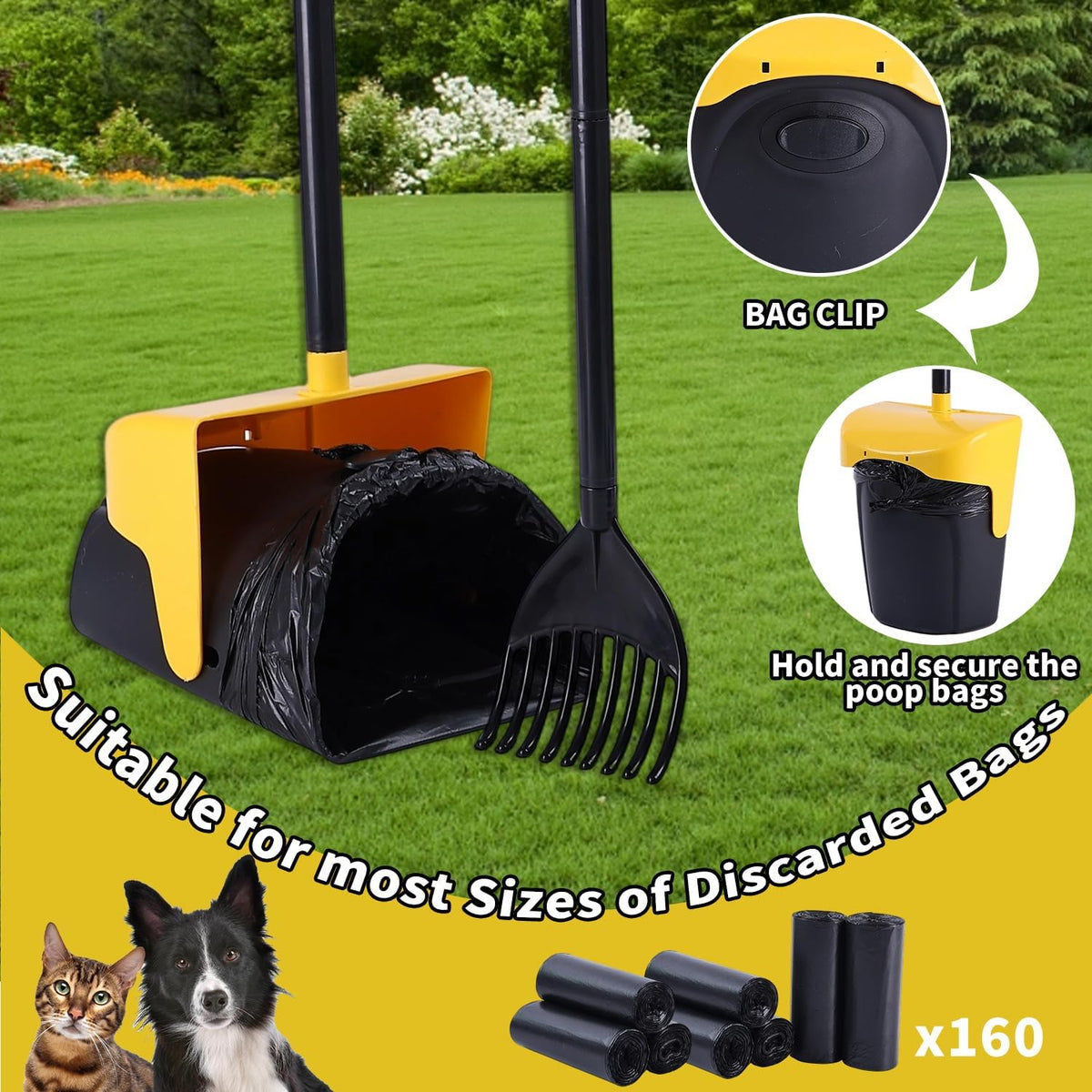 ienjoyed Pooper Scooper Large Swivel Bin & Rake with 160 Waste Bags,Heavy Duty Dog Pooper Scooper with Bag Attachment for Dogs, Long Handle Poop Scooper with Lid for Yard, Grass, Gravel(Yellow)