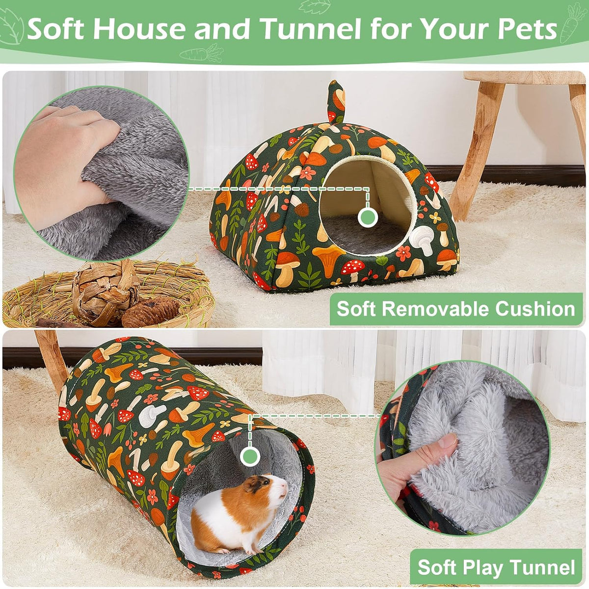 Bienbee Guinea Pig Hideout, 2 Piece Washable Set for Small Animals Large