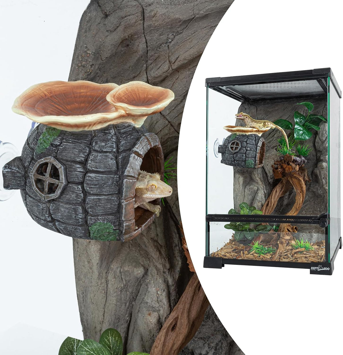 REPTI ZOO Reptile Hide, Multifunctional with Suction Cup, Resin Reptile Hides, and Caves for Reptiles, Gecko, Lizard (Ganoderma Lucidum Shape)
