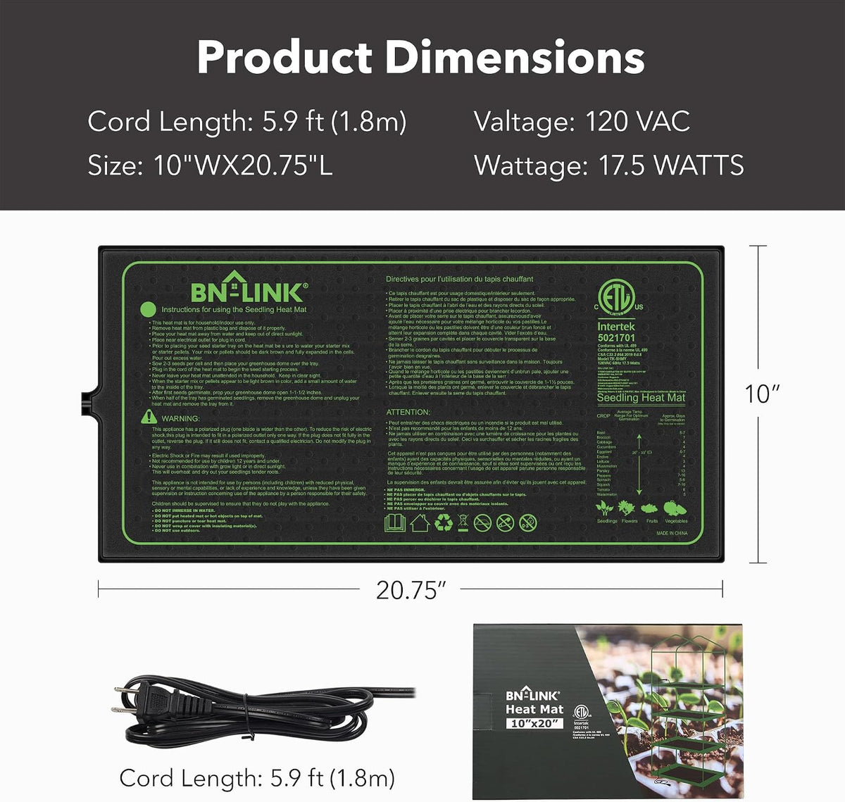 BN-LINK 10" x 20.75" Seedling Heat Mats for Seed Starting Plant Germination