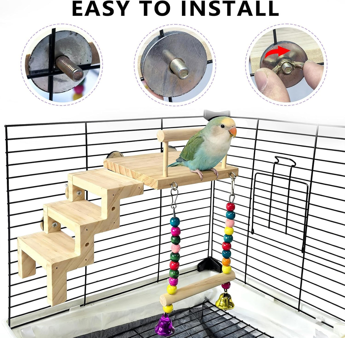 Bird Perch Platform with Ladder & Swing,Parrot Wooden Play Gym Cage Toys
