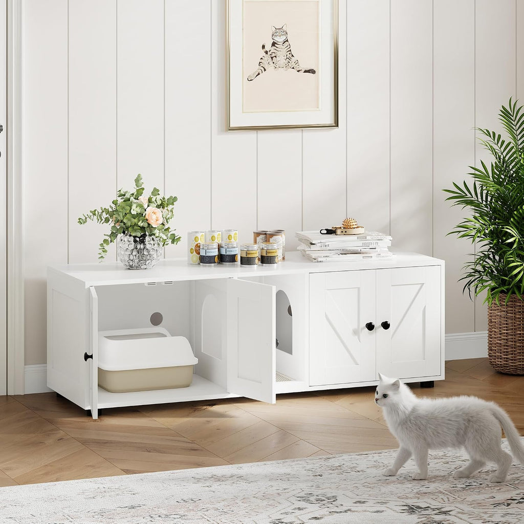 IDEALHOUSE Double Cat Litter Box Cabinet - Hidden Litter Box Tv Stand, Modern Litter Box Furniture Hidden for 2 Cats, Front Entry, Cat House, Side End Table, TV Stand with Cat Litter Box Enclosure