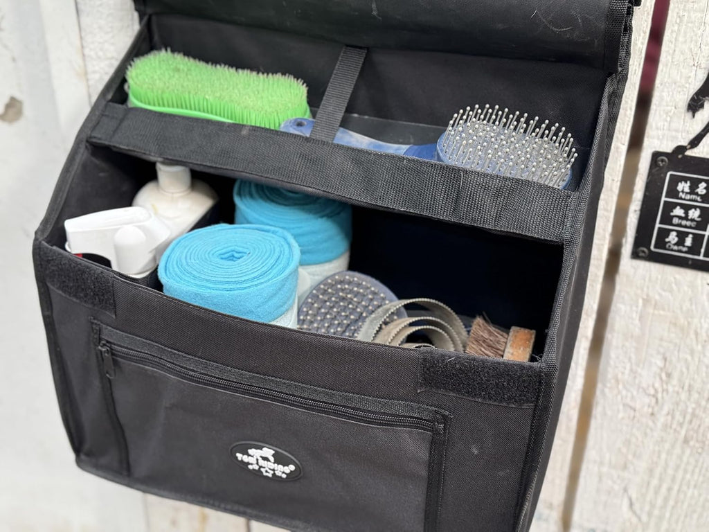 Stall Front Organizer Bag, Black, Multi-Compartment Storage, Horse Grooming Supply Holder with Top Loading Design