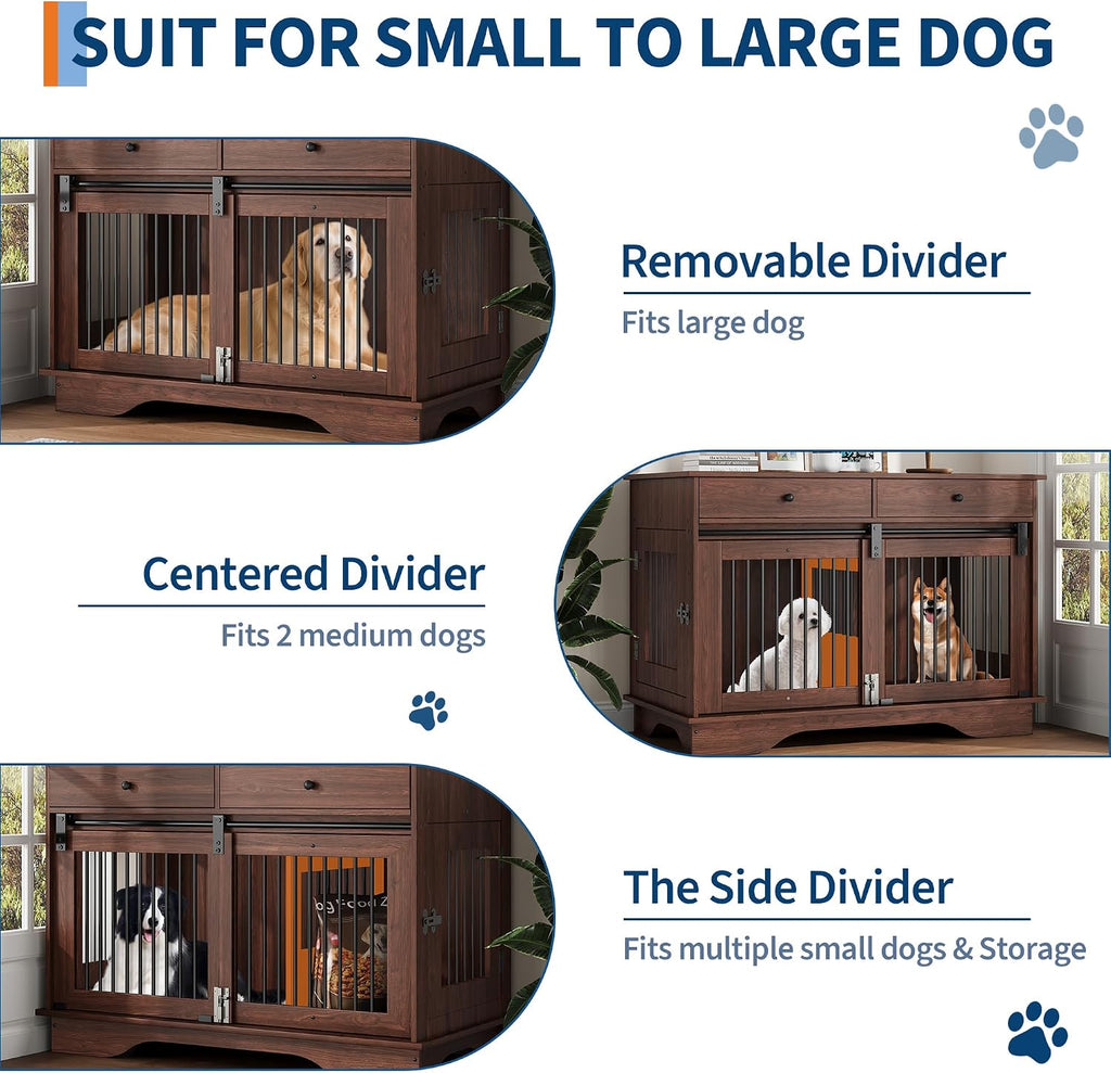 47" Large Dog Crate Furniture,Dog Furniture Crate with 2 Storage Drawers & Removable Divider for Large/Medium/Small Dogs (Brown)