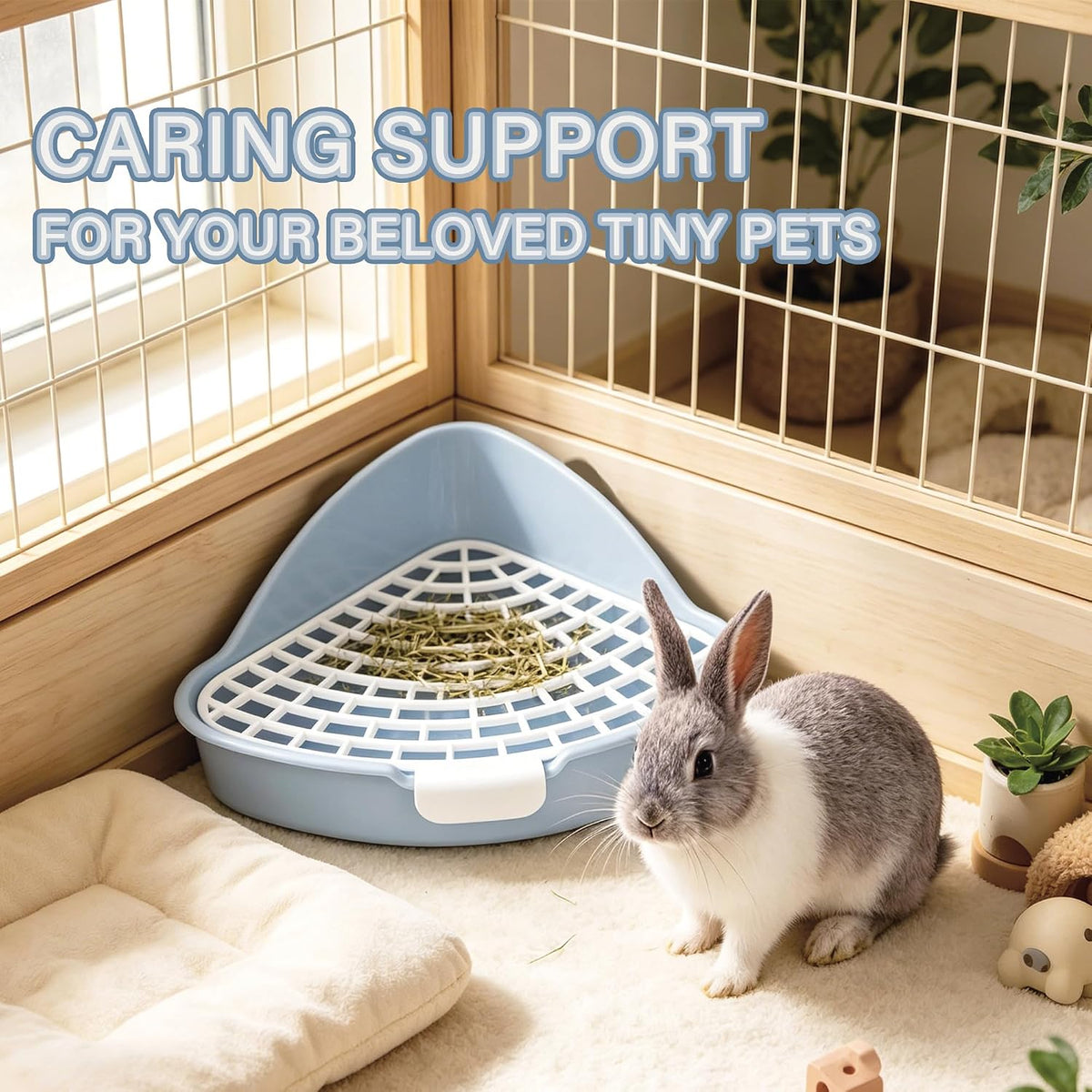 Rabbit Litter Box Triangle Corner Potty 7.5 x 7.5 x 4.0 Inches Anti-Splash High Back Dual Clips Detachable Grid Easy Clean Tray for Bunny Hamster Syrian Hamster Hedgehog & Small Pets, Blue