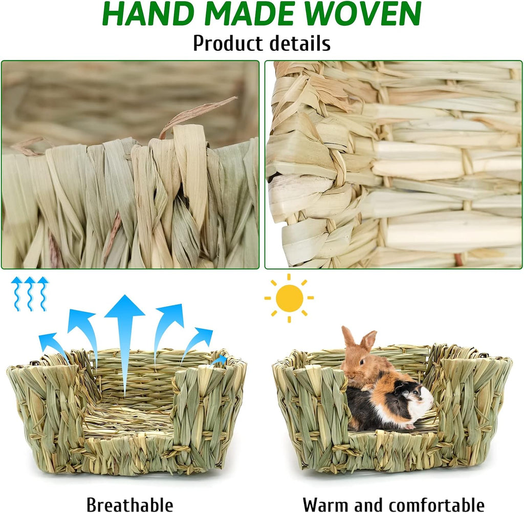 Rabbit Grass Bed for Bunny, 12 Pcs Pet Bunny Chew Toys Natural Hand-Made Woven Hay Mat Hamster Grass Basket Small Animals Bedding for Guinea Pig Chinchilla Ferret Gerbil Rat