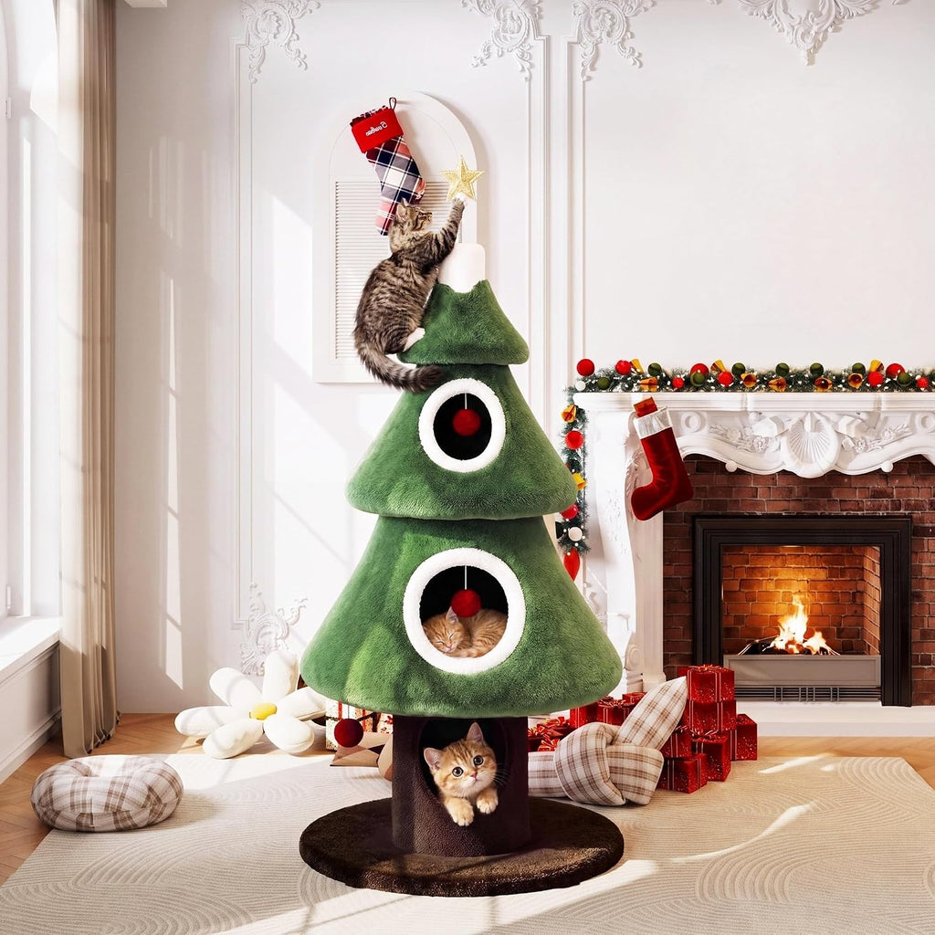 SHA CERLIN 56" Christmas Cat Tree Tower, Multi-Level Condo for Indoor Cats