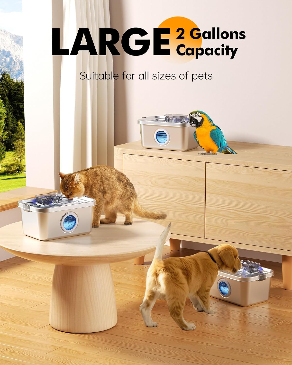 PETIMI Cat & Dog Water Fountain, 2 Gallon 304 Food Grade Stainless Steel Pet Water Fountain, Ultra Quiet Dog Water Bowl Dispenser, Safety Lock, Smart Water Pump Protection