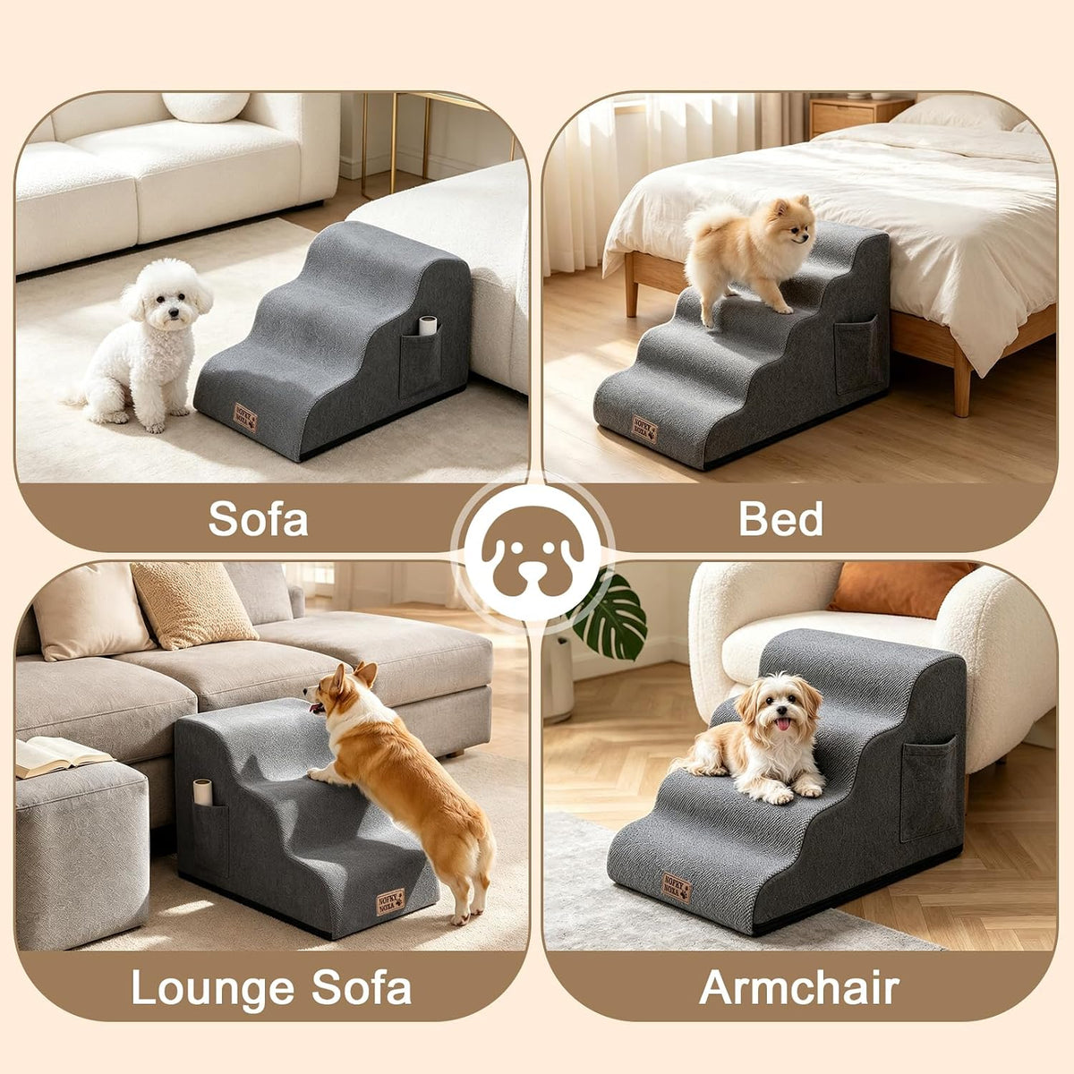 3-Step Dog Stairs for Small Dogs & Cats, 15.7" H Non-Slip Pet Steps with Side Storage Pocket, Sturdy High Density Foam Dog Ramp for Sofa, Couch & Chair, Washable Cover, Grey