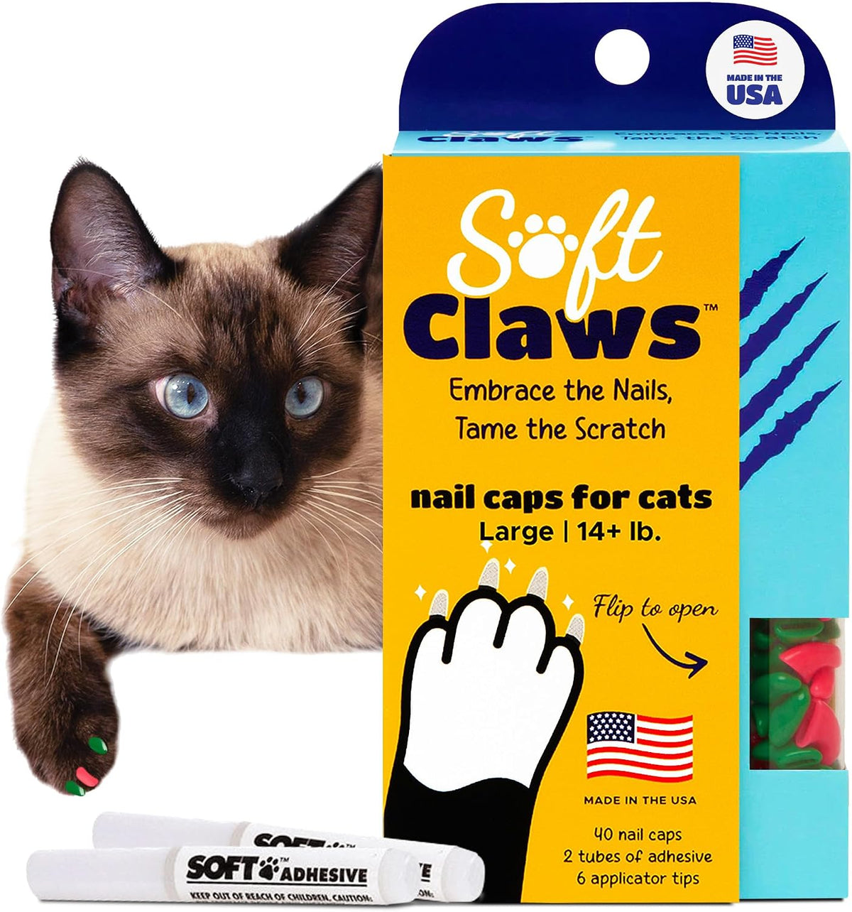 Soft Claws Nail Caps for Large Cats, 40 Caps, Pink and Green