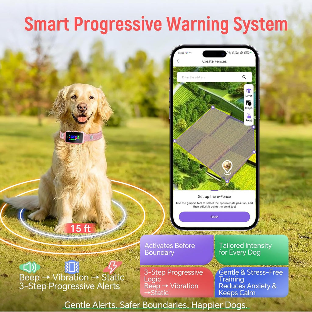 GPS Wireless Dog Fence with Remote Training Collar, Free App Control, Custom Polygon Boundary, No Monthly Subscription, Virtual Fence for Dogs 10-120 lbs, Pink